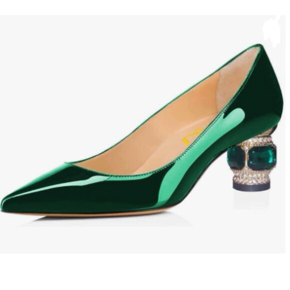 FSJ Dark Green Pointed Toe Low Heel Crystal Pumps Slip on Wedding Shoes - Picture 1 of 8